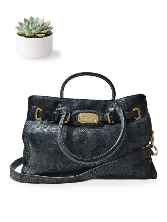 Michael Kors Handbags - Michael Kors Hamilton Large Tote Black Metallic Snake Embossed Gold Hardware Bag